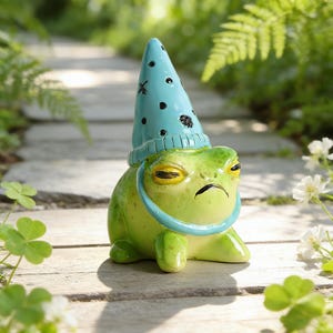 May include: A quirky green frog ornament, sporting a light blue wizard's hat adorned with black stars and dots. The frog has a disgruntled expression and a light blue neck ring. The ornament sits on a wooden path, with foliage in the background.