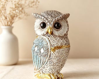 Statuetta di gufo dipinta a mano, ornamento boho, dettagli in rilievo, inserti a specchio, decorazione per la casa.