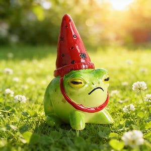 May include: A whimsical green frog garden statue with a red hat and a red collar. The frog has a grumpy expression and is set in a grassy outdoor scene with white flowers. The statue is a decorative garden gnome.