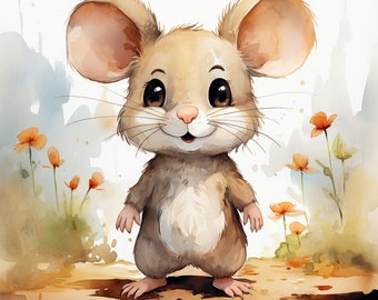 Schattige muis op bloemenachtergrond | Muurkunst | Digitale download | Illustraties | Slaapkamerdecoratie | Aquarel | Digitaal papier