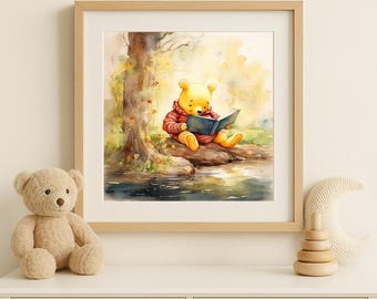 Forest Bear Reading a Book | Wall Art | Digital Download | Clip art | Bedroom Decor | Nursery Art | Watercolor | Digital Paper