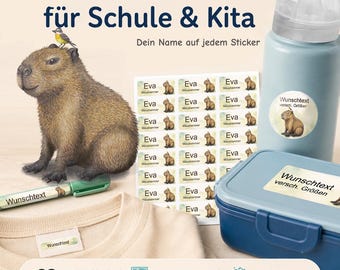 Personalized name stickers for children | dishwasher and washing machine safe | daycare, school & everyday life | Capybara