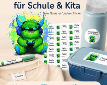 Personalized name stickers for children | dishwasher and washing machine safe | daycare, school & everyday life | Gamer Monster