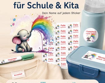 Personalized name stickers for children | dishwasher and washing machine safe | daycare, school & everyday use | Elephant