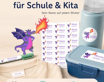 Personalized name stickers for children | dishwasher and washing machine safe | daycare, school & everyday use | purple dragon