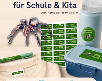 Personalized name stickers for children | dishwasher and washing machine safe | daycare, school & everyday use | spider