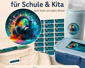 Personalized name stickers for children | dishwasher and washing machine safe | daycare, school & everyday use | headphones
