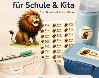 Personalized name stickers for children | dishwasher and washing machine safe | daycare, school & everyday use | lion