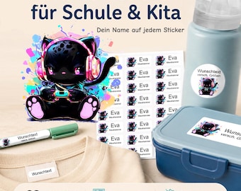 Personalized name stickers for children | dishwasher and washing machine safe | daycare, school & everyday life | Gamer Kitty