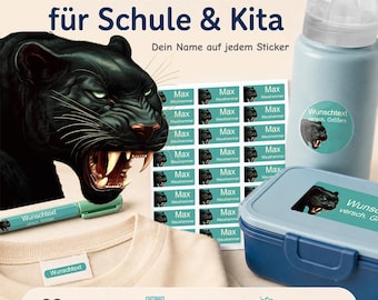 Personalized name stickers for children | dishwasher and washing machine safe | daycare, school & everyday life | Panther