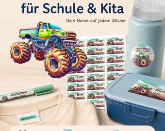Personalized name stickers for children | dishwasher and washing machine safe | daycare, school & everyday use | Monster truck