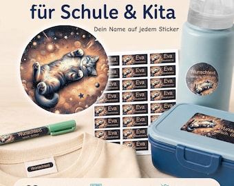 Personalized name stickers for children | dishwasher and washing machine safe | daycare, school & everyday life | cat