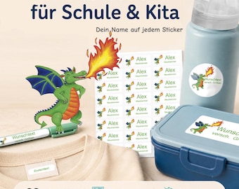Personalized name stickers for children | dishwasher and washing machine safe | daycare, school & everyday life | green dragon