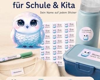 Personalized name stickers for children | dishwasher and washing machine safe | daycare, school & everyday life | Snowy owl