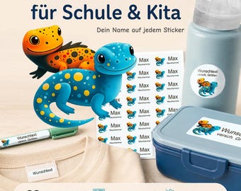 Personalized name stickers for children | dishwasher and washing machine safe | daycare, school & everyday use | Salamander