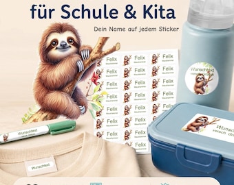 Personalized name stickers for children | dishwasher and washing machine safe | daycare, school & everyday life | sloth