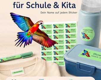 Personalized name stickers for children | dishwasher and washing machine safe | daycare, school & everyday life | parrot