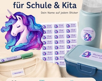 Personalized name stickers for children | dishwasher and washing machine safe | daycare, school & everyday use | Galaxy Unicorn