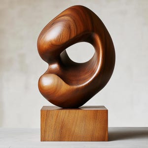Puede incluir: Escultura de madera moderna y abstracta con un acabado liso y pulido. La escultura presenta una forma orgánica y fluida con una abertura central, montada sobre una base rectangular de madera. La madera es de color marrón cálido.