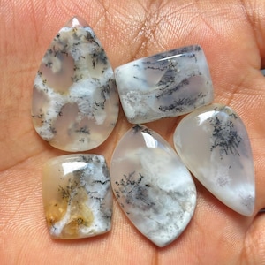 May include: Four polished dendritic agate cabochons with translucent white and cream bases featuring dark, fern-like manganese oxide inclusions. The stones are shaped as a teardrop, a rectangle, a marquise, and a smaller rounded square.