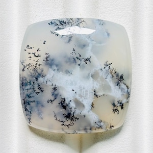 May include: A square-shaped dendritic agate gemstone with rounded corners. The stone is translucent and milky white, featuring intricate, dark black, fern-like inclusions that branch out across the surface in a natural, organic pattern.