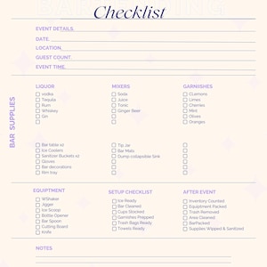 Może przedstawiać: Jasnofioletowa lista kontrolna konfiguracji wydarzenia z tytułem "My Event Setup Bar Checklist". Lista kontrolna zawiera sekcje dotyczące alkoholi, mikserów, dodatków i sprzętu, z polami wyboru dla każdego elementu. Istnieją również sekcje dotyczące szczegółów wydarzenia, konfiguracji i zadań po wydarzeniu.