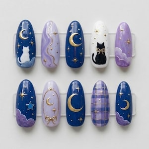 Celestial Cat Press On Nails, Whimsical Night Sky Art, Magic Lavender Gel Set