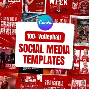 May include: A collection of 100+ volleyball social media templates featuring red and white color schemes, various player portraits, game day graphics, starting lineups, schedules, and jersey number charts with the text 100+ Volleyball SOCIAL MEDIA TEMPLATES.