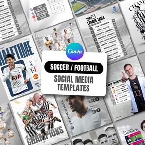 Puede incluir: Una colección de plantillas para redes sociales de fútbol con varios diseños, incluyendo calendarios de partidos, tablas de clasificación, perfiles de jugadores y momentos destacados con textos como Final Tables y Match Day.