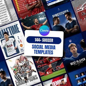 Puede incluir: Una colección de 144 plantillas de redes sociales para fútbol con varios diseños para calendarios de partidos, alineaciones iniciales, perfiles de jugadores, resultados de medio tiempo y anuncios de campeonatos con fotografía deportiva.