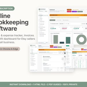Oprogramowanie do księgowości offline dla sprzedawców na platformie Etsy i małych firm, śledzenie dochodów i wydatków, tworzenie faktur, panel zysków, bez subskrypcji