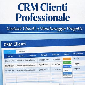 Puede incluir: Una interfaz digital con el texto "CRM Clienti Professionale" y "Gestisci Clienti e Monitoraggio Progetti". La interfaz muestra una lista de clientes con detalles como correo electrónico, servicio y valor. Monedas de oro en la esquina inferior derecha.