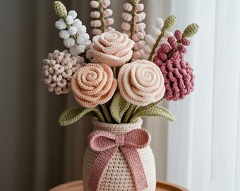 Crochet Vase Pattern PDF, Textured Amigurumi Vase, Boho Home Decor, Ribbed Bottle Cover, Bobble Cable Lace, Red Rose Bouquet, Gift for Mom