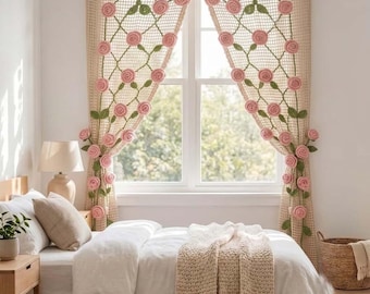 Crochet Flower Curtain Pattern PDF, Boho Floral Garland, Daisy Window Divider, Lace Cafe Door Curtain, Cottagecore Wall Hanging Decor