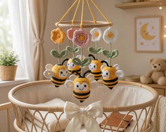 Crochet Bee Baby Mobile Pattern PDF, Amigurumi Bees, Moon Stars Cloud Nursery Mobile, Lavender Crib Decor, Beginner DIY Instant Download