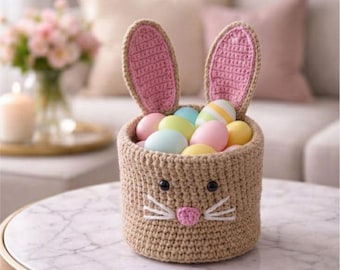 Crochet Bunny Basket Pattern PDF | Easy Easter Bunny Basket | Beginner Amigurumi Basket | Rabbit Egg Holder | DIY Spring Crochet Basket
