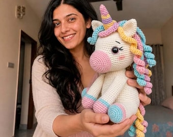 Unicorn Crochet Pattern PDF, Amigurumi Unicorn Plush Toy, Low Sew Beginner Tutorial, Rainbow Mane, Sitting Fantasy Plushie Doll
