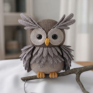 May include: A crocheted owl figurine featuring a round brown body, large light gray circular eye patches, black plastic eyes, and a small yellow beak. The owl has textured gray feather-like wings and ear tufts, and stands on small yellow feet.