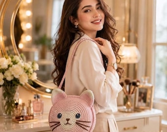 Cat Face Shoulder Bag, Crochet Cat Bag Pattern PDF, Black Kitty Tote, Kawaii Cat Purse Tutorial, Tapestry Colorwork Boho Handbag