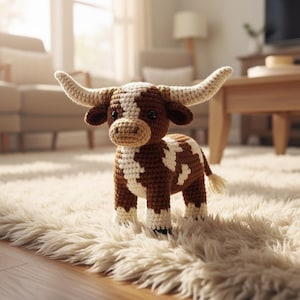 Könnte beinhalten: Gehäkelte Longhorn-Rinderfigur mit braunen und weißen Mustern. Das Rind hat große, gebogene Hörner und einen kleinen, flauschigen Schwanz. Es steht auf einem weißen, zotteligen Teppich.
