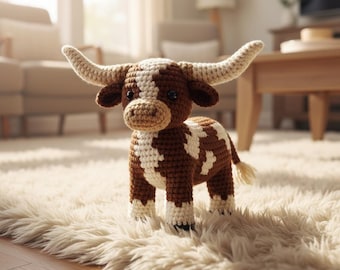 Longhorn Cow Amigurumi Crochet Pattern, Western Farm Animal Plush Toy (PDF Download)