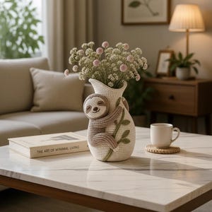 Könnte beinhalten: Eine weiße Häkelvase mit einem Faultier-Design, gefüllt mit weißen und rosa Blumen. Die Vase steht auf einem Couchtisch mit Marmorplatte, zusammen mit einem Buch mit dem Titel "The Art of Minimal Living". Eine weiße Tasse steht auf einem Untersetzer.