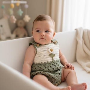 Op de afbeelding: Een gehaakte babyromper met een crèmekleurig lijfje, een witte en gele bloemapplicatie en een saliegroen broekje met een schelpsteekpatroon, voorzien van kleine houten knoopjes bij de schouders en tussen de beentjes voor de sluiting.