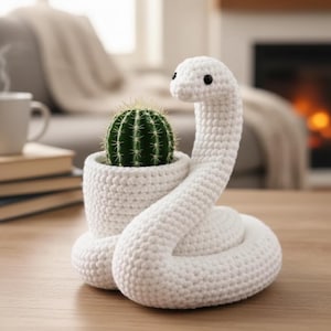 May include: A white crocheted snake planter holding a green cactus. The snake is coiled and has black button eyes. The cactus is in a white crocheted pot. The planter is on a wooden surface.