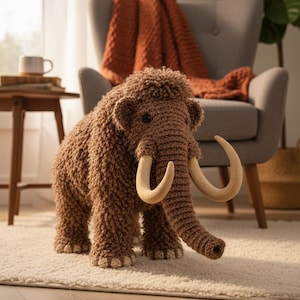 May include: A handcrafted, brown crochet mammoth with large, curved tusks. The plush toy has a shaggy texture and is positioned on a cream-colored rug. The background includes a gray armchair and a rust-colored blanket.