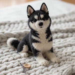 Puede incluir: Un perro husky de ganchillo hecho a mano en negro, blanco y gris. El peluche está sentado sobre una manta de punto grueso gris claro. El perro tiene orejas negras, una nariz negra y un pecho blanco. Un botón de madera y una ramita de lavanda están junto al perro.