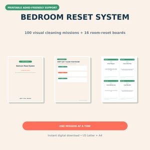 May include: A printable Bedroom Reset System featuring 100 visual cleaning missions and 16 room-reset boards. The set includes a title page, a page titled Don't Say Clean Your Room, and a grid of task cards. Text includes One Mission At A Time.