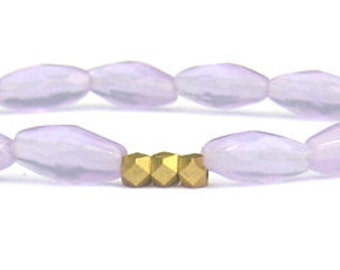 Beaded Bracelet // Stretch Bracelet, Lavender Purple Quartz Gemstone Beads, Gold Geometric Charms // Handmade Jewelry