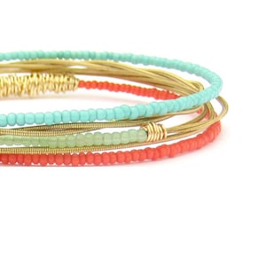 Bangle Bracelets // Set of 5 Bracelets // Gold & Beaded Bangle Bracelets // Eco-Friendly Jewelry // Coral Mint Turquoise / Summer Women Gift