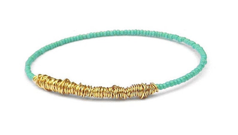 Bangle Bracelet // Turquoise Gold Beaded Bracelet // Eco-Friendly Jewelry // Friendship Bracelet // Bridesmaid Gift // Recycle Jewelry Gift image 1